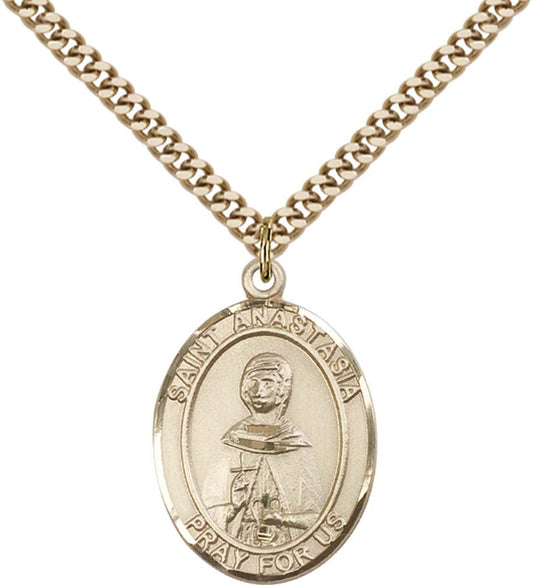 14kt Gold Filled St. Anastasia Pendant with 24 inch Gold Plate Heavy Curb Chain