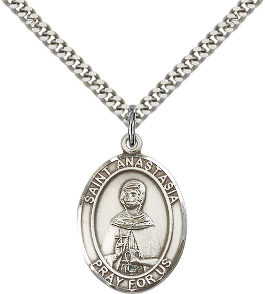 Sterling Silver St. Anastasia Pendant with 24 Inch Light Rhodium Heavy Curb Chain