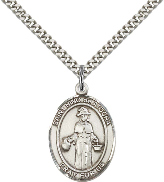 Sterling Silver St. Nino de Atocha Pendant with 24 Inch Light Rhodium Heavy Curb Chain