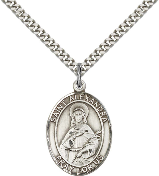 Sterling Silver St. Alexandra Pendant with 24 Inch Light Rhodium Heavy Curb Chain