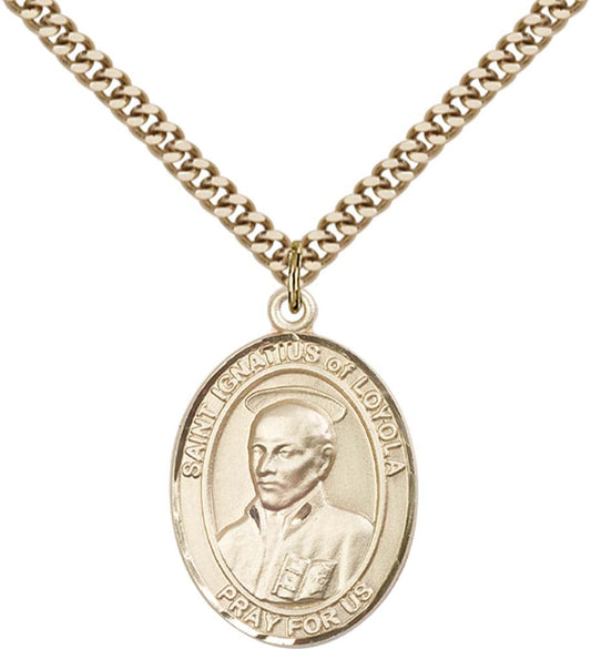 14kt Gold Filled St. Ignatius of Loyola Pendant with 24 inch Gold Plate Heavy Curb Chain