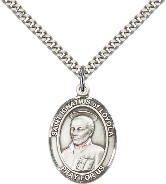 Sterling Silver St. Ignatius of Loyola Pendant with 24 Inch Light Rhodium Heavy Curb Chain