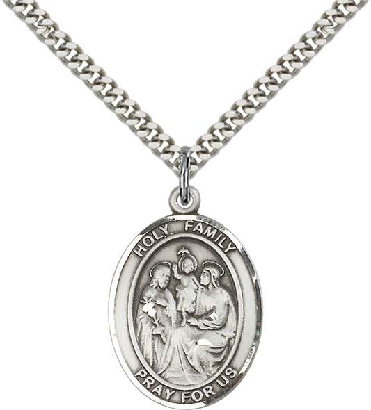 Sterling Silver Holy Family Pendant with 24 Inch Light Rhodium Heavy Curb Chain
