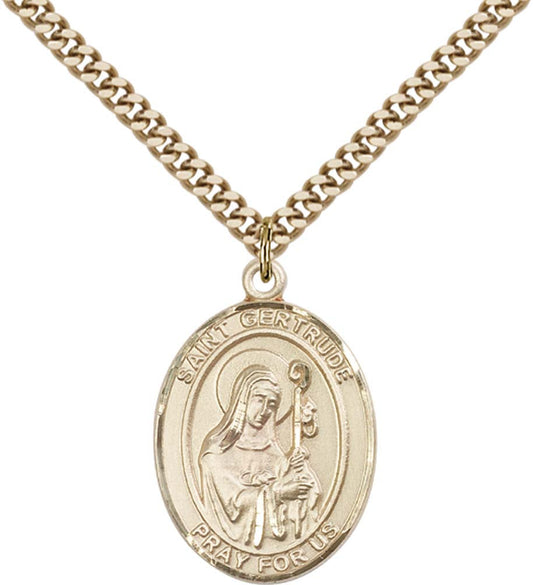 14kt Gold Filled St. Gertrude of Nivelles Pendant with 24 inch Gold Plate Heavy Curb Chain