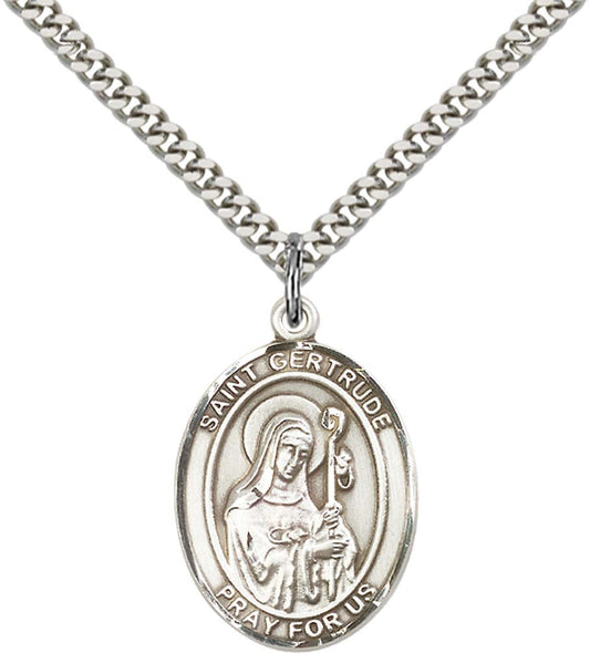 Sterling Silver St. Gertrude of Nivelles Pendant with 24 Inch Light Rhodium Heavy Curb Chain