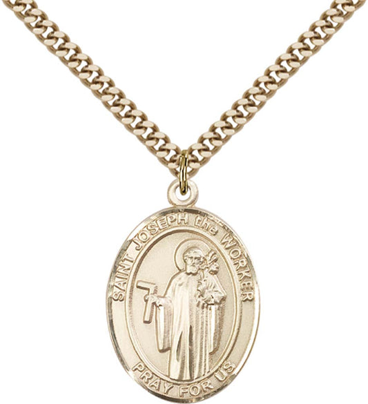 14kt Gold Filled St. Joseph The Worker Pendant with 24 inch Gold Plate Heavy Curb Chain