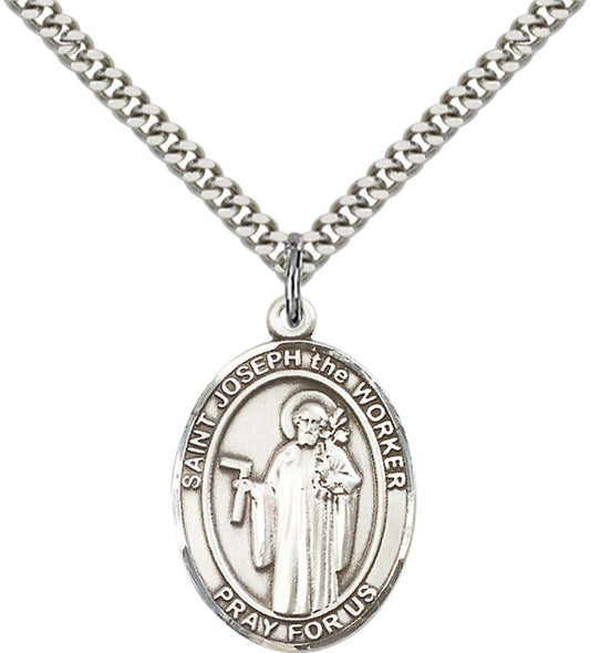 Sterling Silver St. Joseph The Worker Pendant with 24 Inch Light Rhodium Heavy Curb Chain