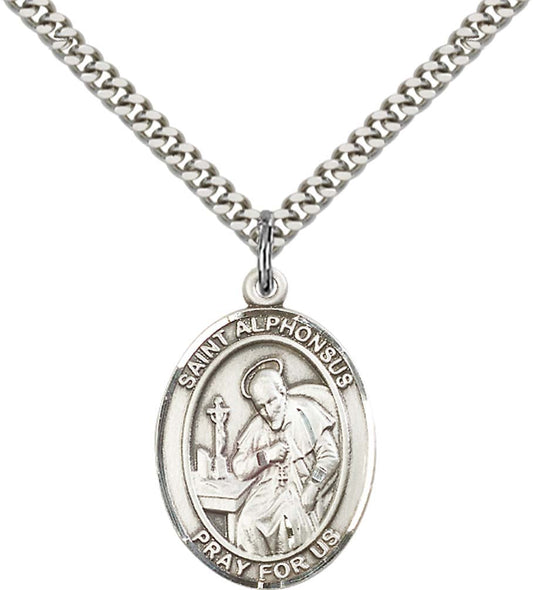 Sterling Silver St. Alphonsus Pendant with 24 Inch Light Rhodium Heavy Curb Chain