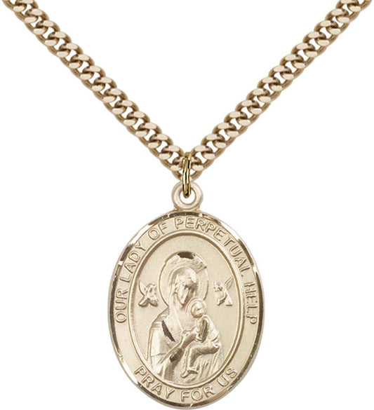 14kt Gold Filled O/L of Perpetual Help Pendant with 24 inch Gold Plate Heavy Curb Chain