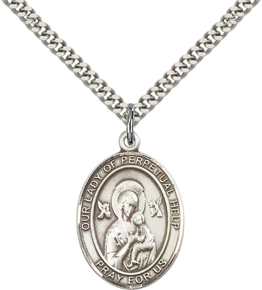 Sterling Silver O/L of Perpetual Help Pendant with 24 Inch Light Rhodium Heavy Curb Chain