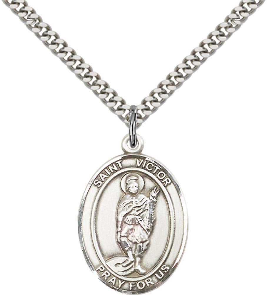 Sterling Silver St. Victor of Marseilles Pendant with 24 Inch Light Rhodium Heavy Curb Chain