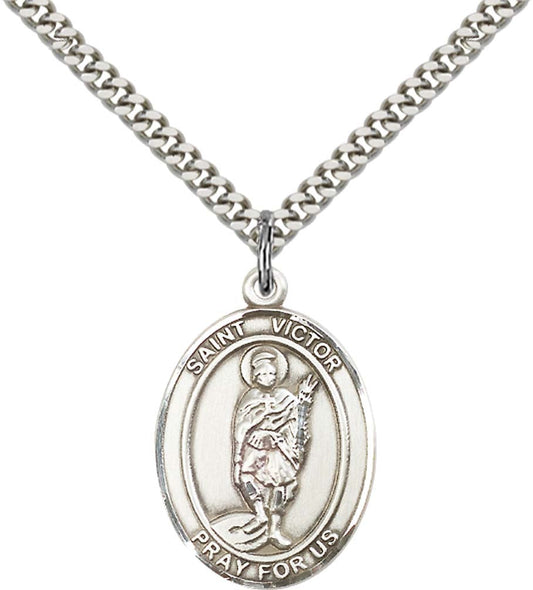 Sterling Silver St. Victor of Marseilles Pendant with 24 Inch Light Rhodium Heavy Curb Chain