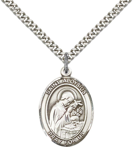 Sterling Silver St. Aloysius Gonzaga Pendant with 24 Inch Light Rhodium Heavy Curb Chain