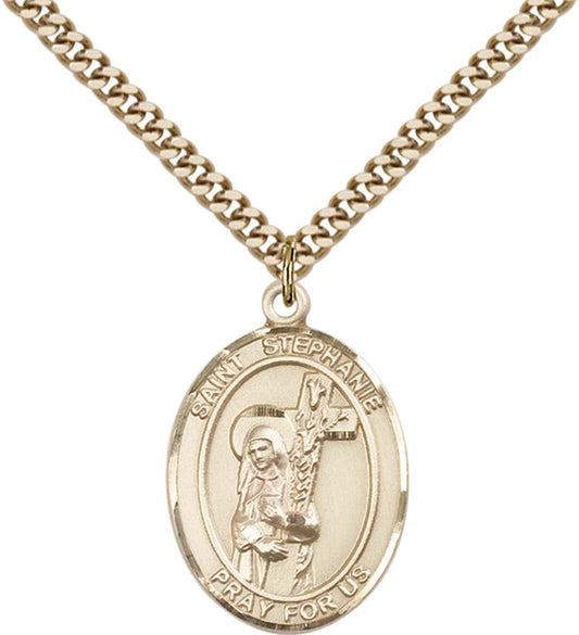 14kt Gold Filled St. Stephanie Pendant with 24 inch Gold Plate Heavy Curb Chain