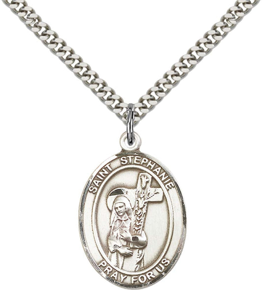 Sterling Silver St. Stephanie Pendant with 24 Inch Light Rhodium Heavy Curb Chain