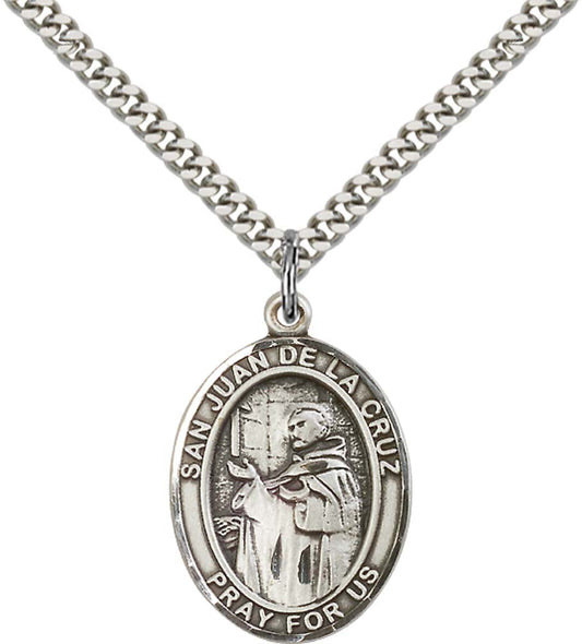 Sterling Silver San Juan de La Cruz Pendant with 24 Inch Light Rhodium Heavy Curb Chain