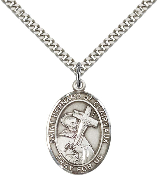 Sterling Silver St. Bernard of Clairvaux Pendant with 24 Inch Light Rhodium Heavy Curb Chain