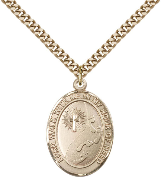 14kt Gold Filled Footprints / Cross Pendant with 24 inch Gold Plate Heavy Curb Chain