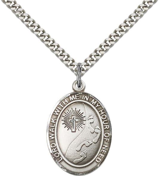Sterling Silver Footprints / Cross Pendant with 24 Inch Light Rhodium Heavy Curb Chain