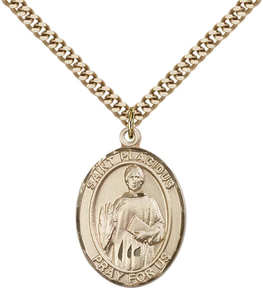 14kt Gold Filled St. Placidus Pendant with 24 inch Gold Plate Heavy Curb Chain