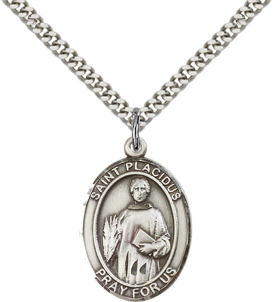 Sterling Silver St. Placidus Pendant with 24 Inch Light Rhodium Heavy Curb Chain