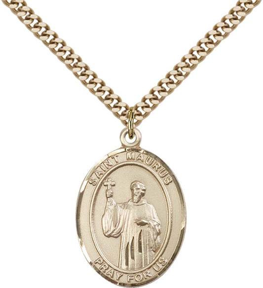 14kt Gold Filled St. Maurus Pendant with 24 inch Gold Plate Heavy Curb Chain