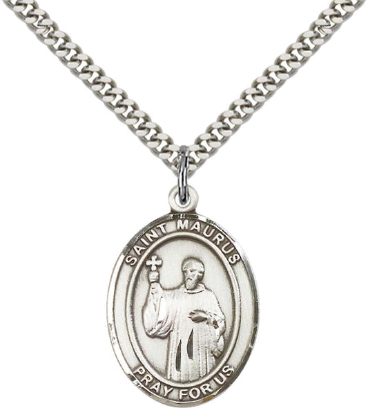 Sterling Silver St. Maurus Pendant with 24 Inch Light Rhodium Heavy Curb Chain
