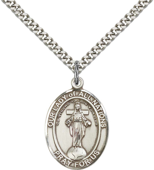 Sterling Silver O/L of All Nations Pendant with 24 Inch Light Rhodium Heavy Curb Chain