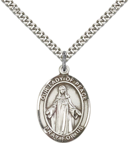 Sterling Silver O/L of Peace Pendant with 24 Inch Light Rhodium Heavy Curb Chain
