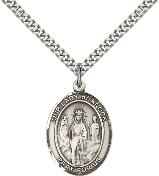 Sterling Silver O/L of Knock Pendant with 24 Inch Light Rhodium Heavy Curb Chain