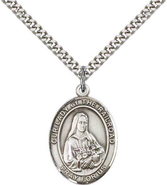 Sterling Silver O/L of the Railroad Pendant with 24 Inch Light Rhodium Heavy Curb Chain