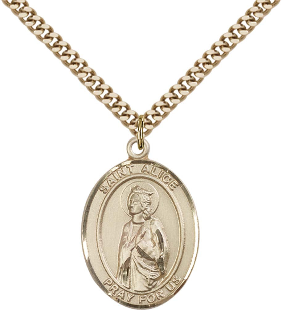 14kt Gold Filled St. Alice Pendant with 24 inch Gold Plate Heavy Curb Chain
