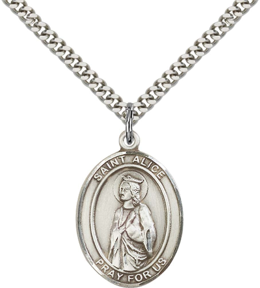 Sterling Silver St. Alice Pendant with 24 Inch Light Rhodium Heavy Curb Chain
