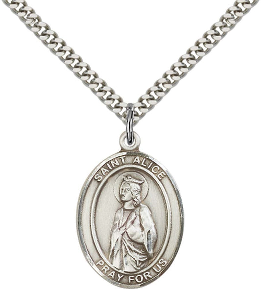 Sterling Silver St. Alice Pendant with 24 Inch Light Rhodium Heavy Curb Chain