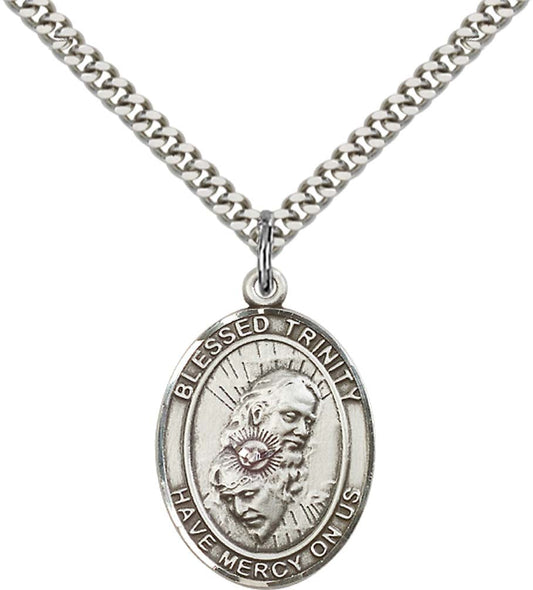 Sterling Silver Blessed Trinity Pendant with 24 Inch Light Rhodium Heavy Curb Chain