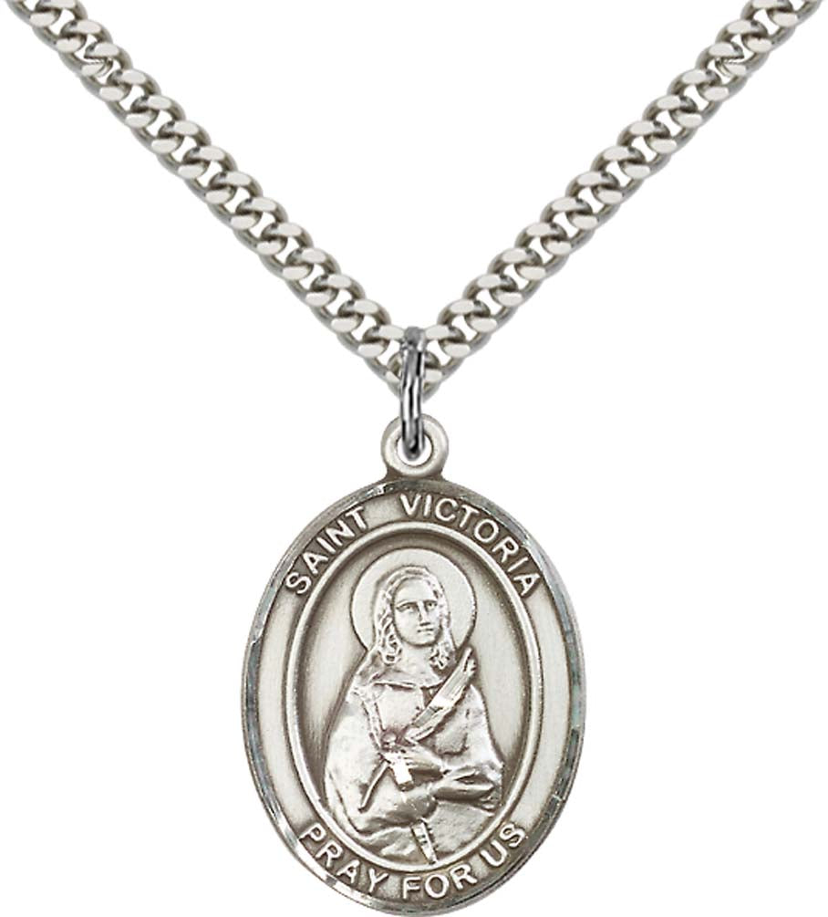 Sterling Silver St. Victoria Pendant with 24 Inch Light Rhodium Heavy Curb Chain