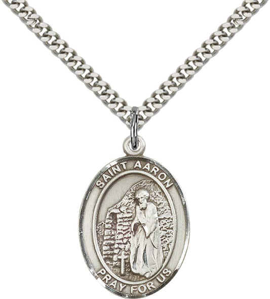 Sterling Silver St. Aaron Pendant with 24 Inch Light Rhodium Heavy Curb Chain