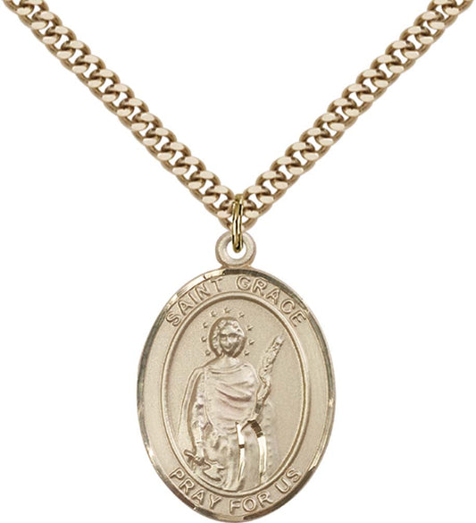 14kt Gold Filled St. Grace Pendant with 24 inch Gold Plate Heavy Curb Chain