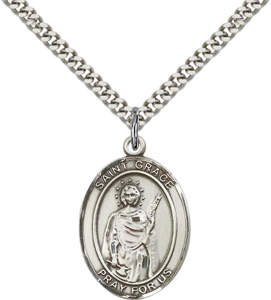 Sterling Silver St. Grace Pendant with 24 Inch Light Rhodium Heavy Curb Chain
