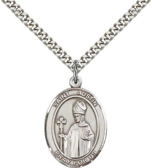 Sterling Silver St. Austin Pendant with 24 Inch Light Rhodium Heavy Curb Chain