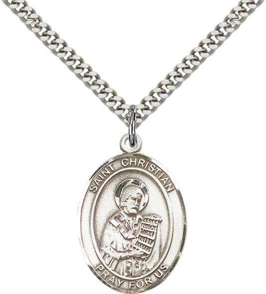 Sterling Silver St. Christian Demosthenes Pendant with 24 Inch Light Rhodium Heavy Curb Chain
