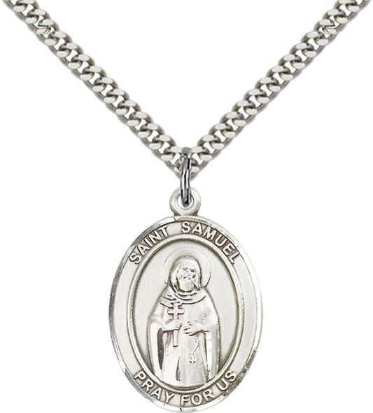 Sterling Silver St. Samuel Pendant with 24 Inch Light Rhodium Heavy Curb Chain
