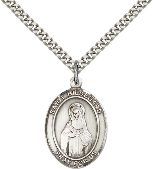 Sterling Silver St. Hildegard Von Bingen Pendant with 24 Inch Light Rhodium Heavy Curb Chain
