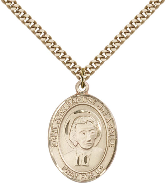 14kt Gold Filled St. John Baptist de La Salle Pendant with 24 inch Gold Plate Heavy Curb Chain
