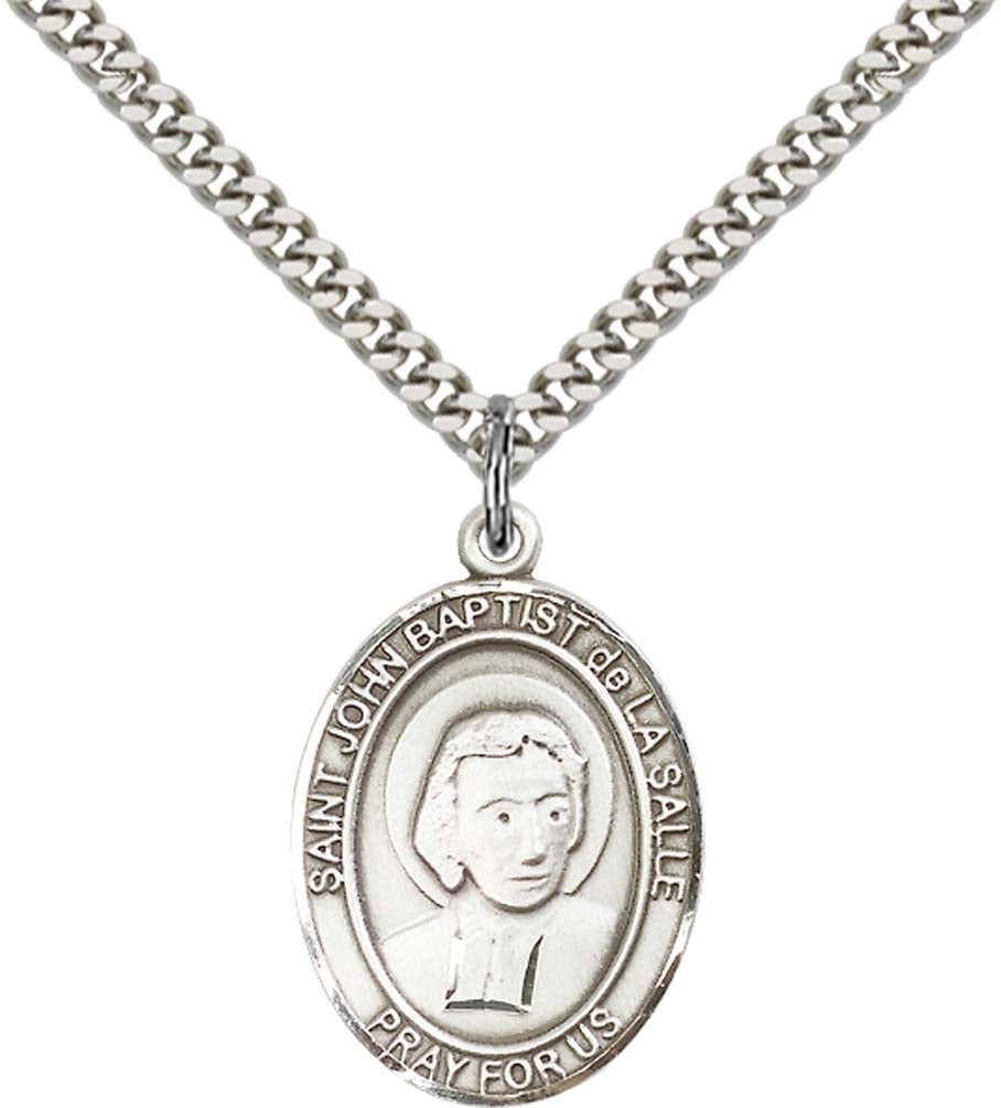 Sterling Silver St. John Baptist de La Salle Penda with 24 Inch Light Rhodium Heavy Curb Chain