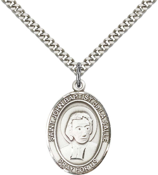 Sterling Silver St. John Baptist de La Salle Penda with 24 Inch Light Rhodium Heavy Curb Chain