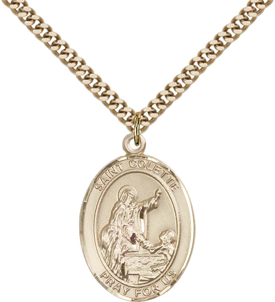 14kt Gold Filled St. Colette Pendant with 24 inch Gold Plate Heavy Curb Chain