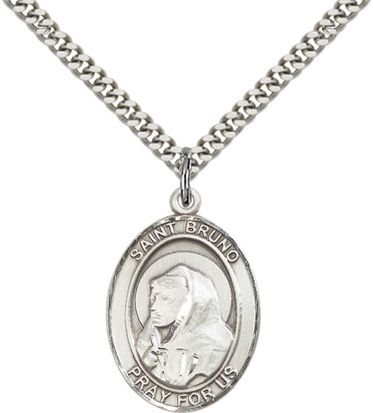 Sterling Silver St. Bruno Pendant with 24 Inch Light Rhodium Heavy Curb Chain