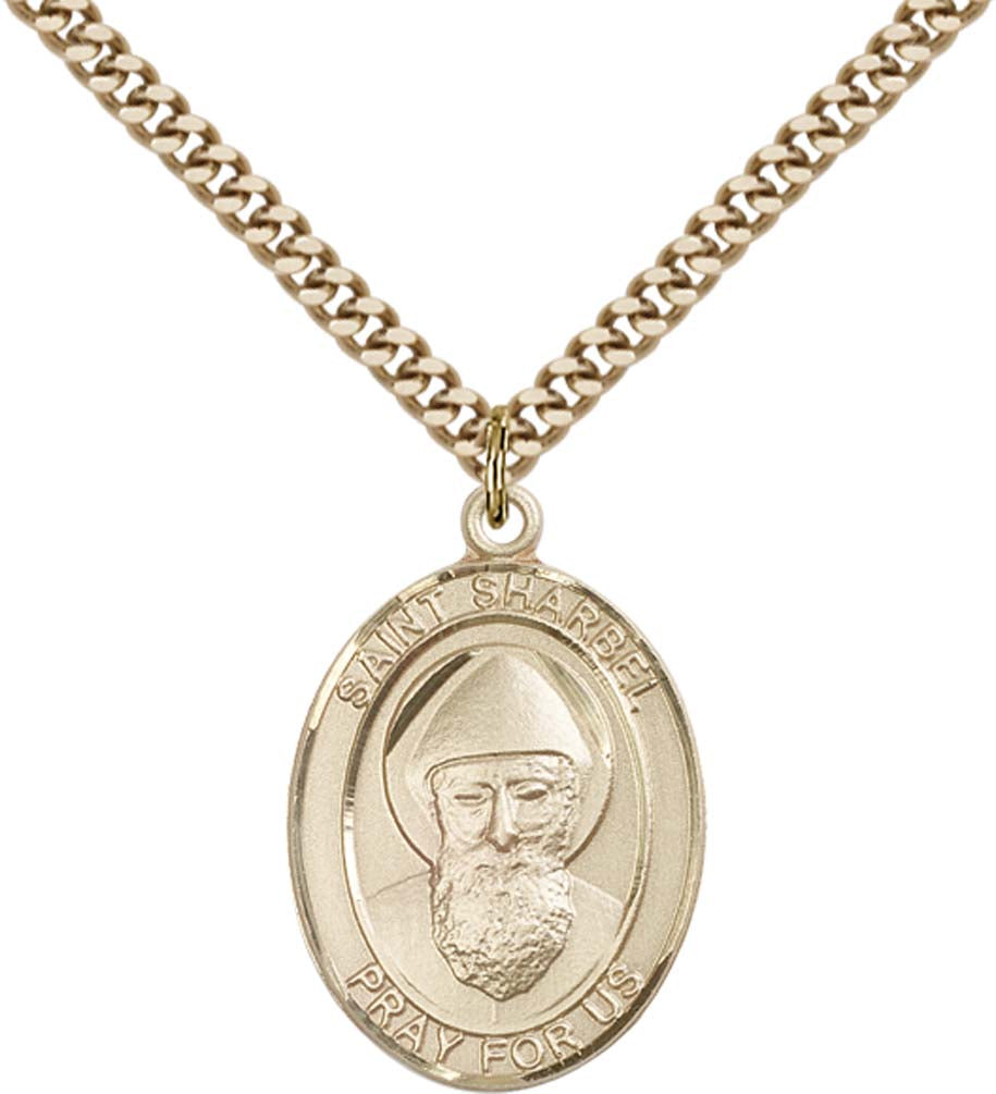 14kt Gold Filled St. Sharbel Pendant with 24 inch Gold Plate Heavy Curb Chain
