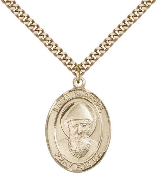 14kt Gold Filled St. Sharbel Pendant with 24 inch Gold Plate Heavy Curb Chain